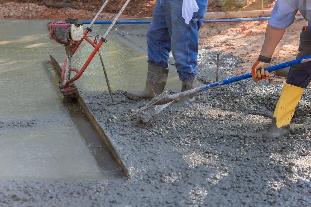 Contractors pouring and leveling a new concrete driveway during replacement in Arvada, CO