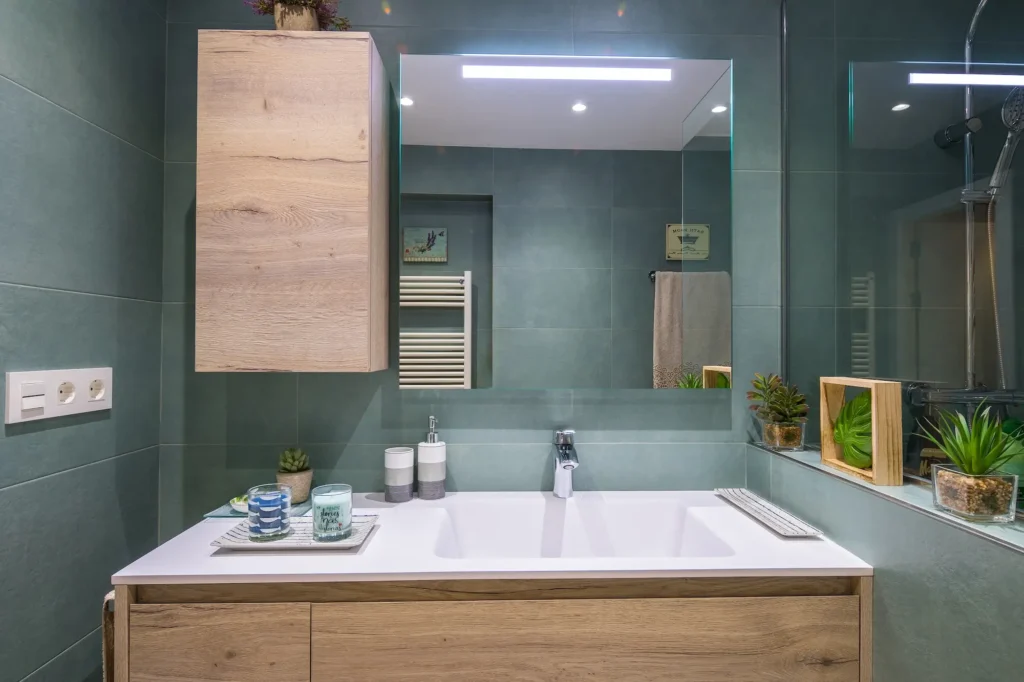 Modern bathroom entryway showcasing contemporary finishes in a Lakewood bathroom remodel